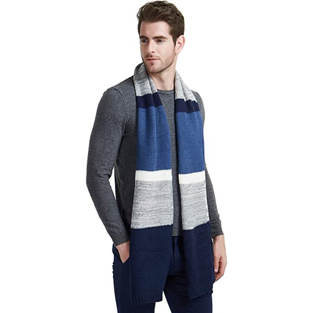 Bufanda de lana de invierno para hombre, bufanda larga unisex de punto de cachemira, azul