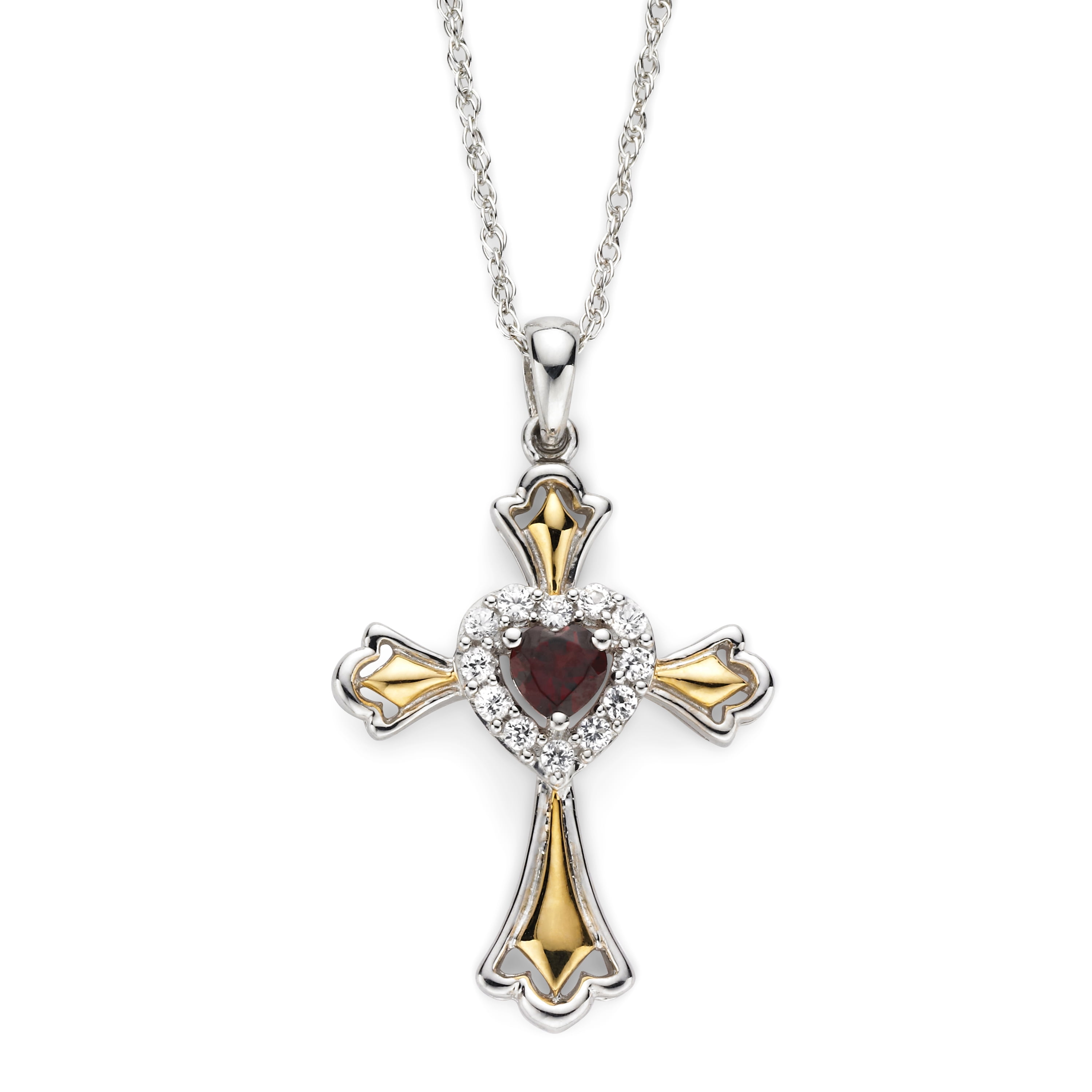Brilliance 925 Sterling Silver with 14KY Gold Plated Genuine Garnet and Created White Sapphire Cross Pendant with 18" Chain