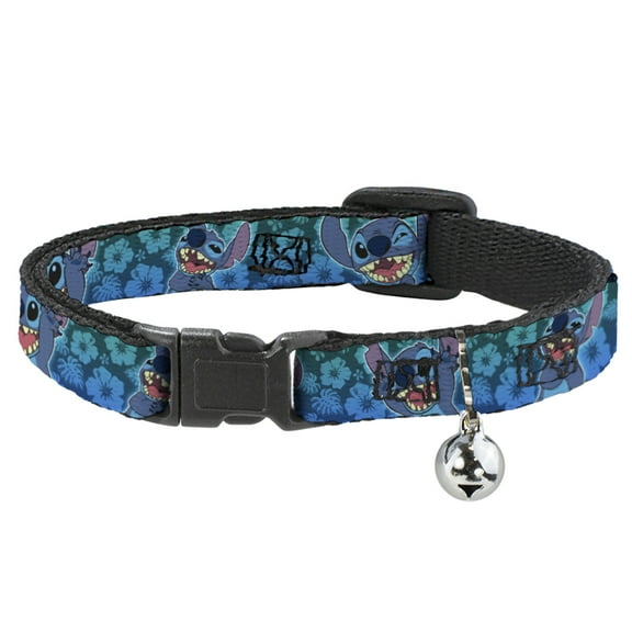 Disney Breakaway Cat Collar With Bell, Plastic Clip, Easy Adjustable, Stitch Expressions Hibiscus Collage Green Blue Fade, 8.5 to 12 Inches 0.5 Inch Wide
