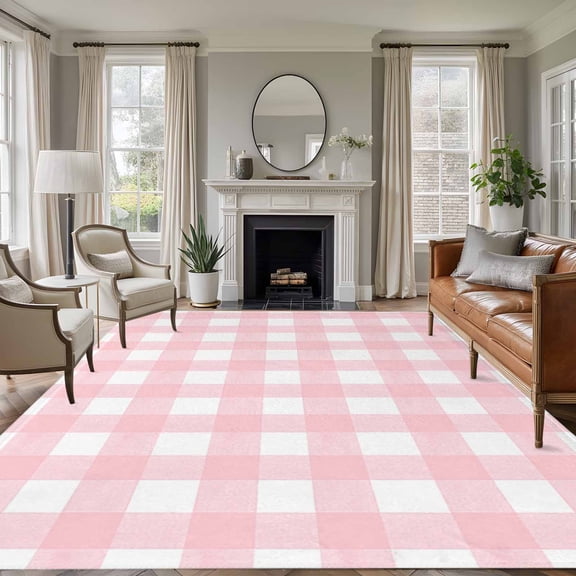 5'x8' Area Rugs, Pink Buffalo Plaid Indoor Outdoor Area Rug for Living Room Bedroom, Farmhouse Pink White Checkered Washable Bathroom Rugs Kitchen Floor Carpet Mats Home Decor Aesthetic