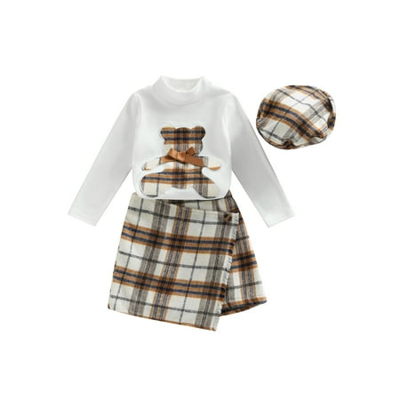 

Spring Kids Baby Girl 3 Pcs Clothes Sets Long Sleeve Round Neck Bear Embroidery Patch Pullover + Plaid Print A-Line Skirt + Hat
