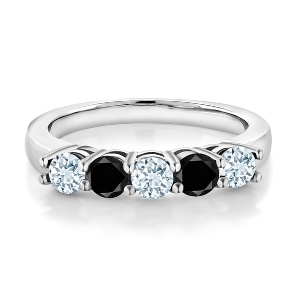 Gem Stone King 925 Sterling Silver Sky Blue Aquamarine and Black Diamond 5-Stone Wedding Anniversary Band Ring for Women (0.85 Cttw, Gemstone March Birthstone, Size 9)