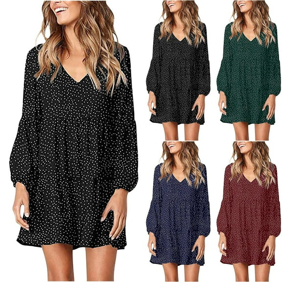Utoimkio Women's Long Sleeve Loose Midi Dresses Fall Casual Baggy Ruffles V Neck A-Line Long Dresses for Women