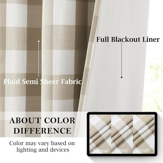 Beige White Buffalo Plaid Blackout Curtains 84 Inches Long for Bedroom Living Room,Thermal Insulated Noise Reducing Drapes,Vintage Farmhouse Window Treatment,Rod Pocket Back Tabs,40"Wx84"Lx2