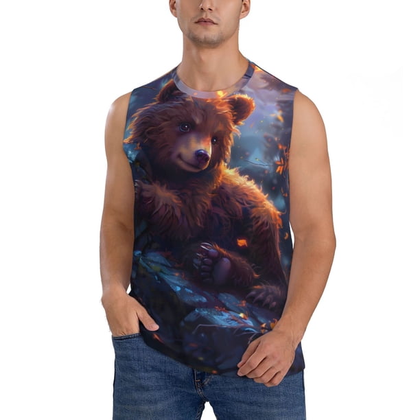 Fotbe Lazy Stone Bear Men's Camiseta sin Mangas Estampada para Hombres, Playera Casual para Gimnasio, Entrenamiento, Playa-X-Large