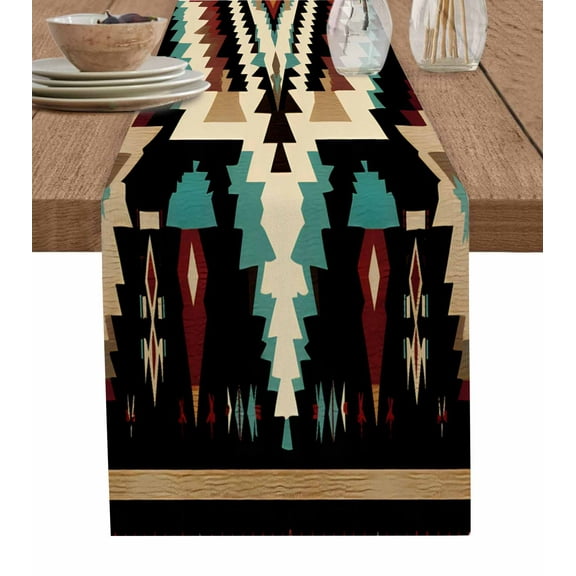 Multicolored Aztec Table Runner-Cotton Linen- 108 Inch Holiday Dresser Scarves, Southwestern Boho Tribal Patterns Tablerunner for Kitchen Coffee/Dining Bedroom Living Room Dinner Scarf Décor 13x108