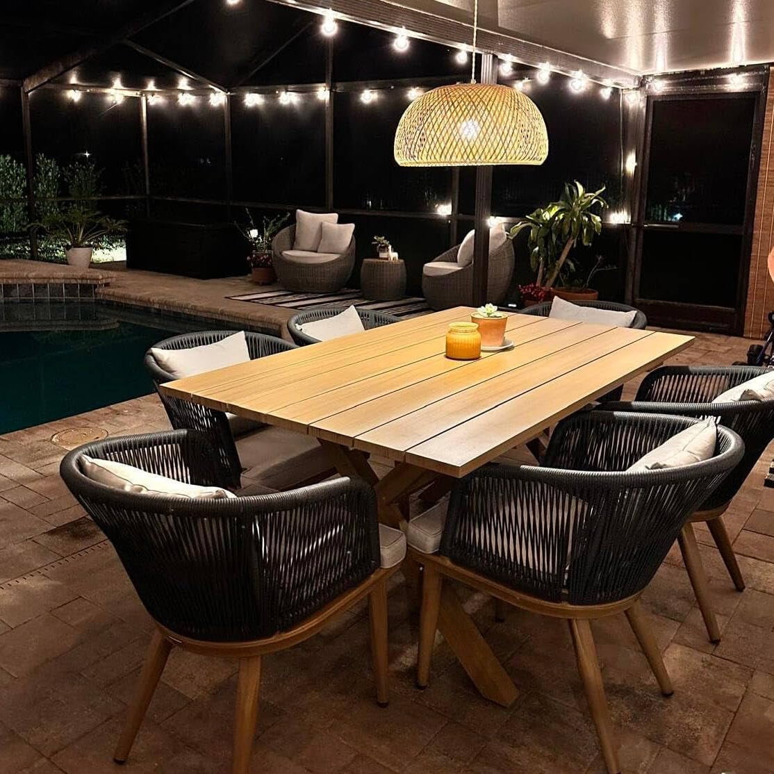 PURPLE LEAF 7 Pieces Patio Dining Set, Rectangular Aluminum Outdoor Table and 6 Wicker Chairs with Cushions for Garden Kitchen and Porch, Teak