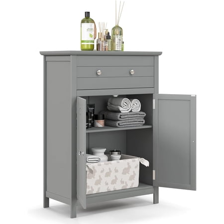 COSTWAY Bathroom Floor Cabinet, Wooden Side Storage Organizer w/Larger Drawer, Adjustable Shelf & 2-Door Cupboard, Freestanding Storage Cabinet for Living Room, Kitchen, Entryway (Grey)