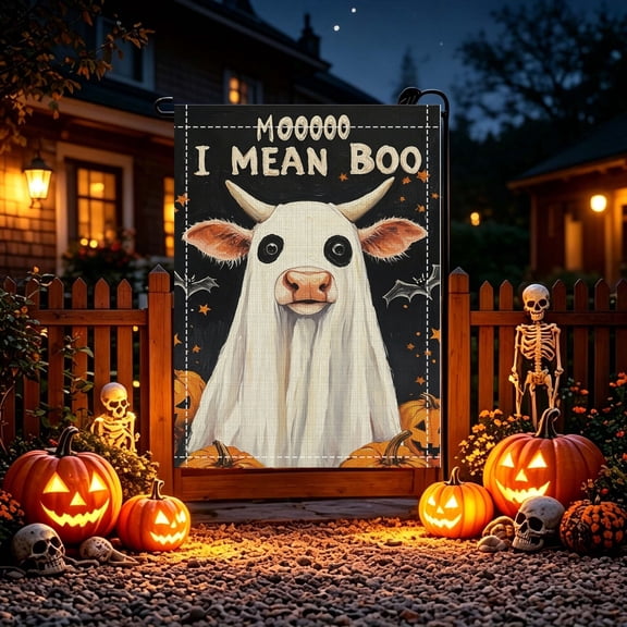 Retro Farm Ghost Cow Halloween 2D Printed Garden Flag, Front Porch Lawn Festival Party Decor, No Flagpole, Halloween Gift