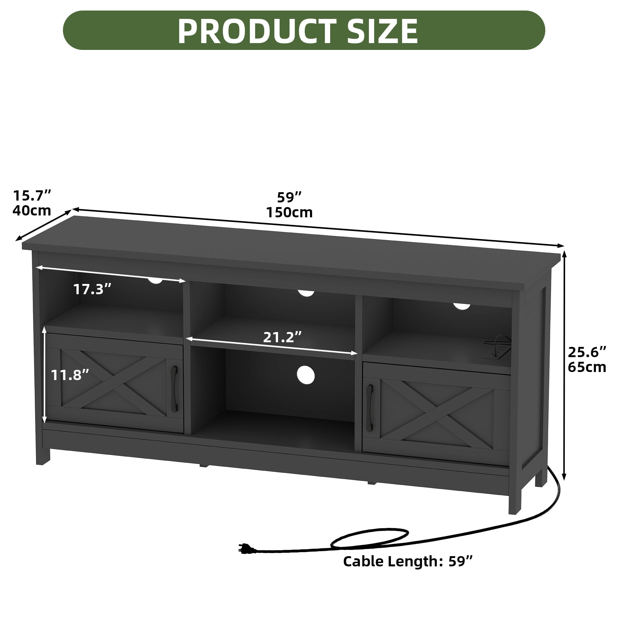Uforic 59" TV Stand for 65" TV - Black Entertainment Center with Storage Cabinets, Open Shelves, 24-Color LED Light Strip & Integrated Power Strip, Ideal for Living Room or Bedroom Media Console