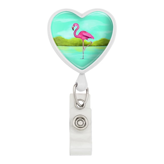 Pink Flamingo in Water Heart Lanyard Retractable Reel Badge ID Card Holder
