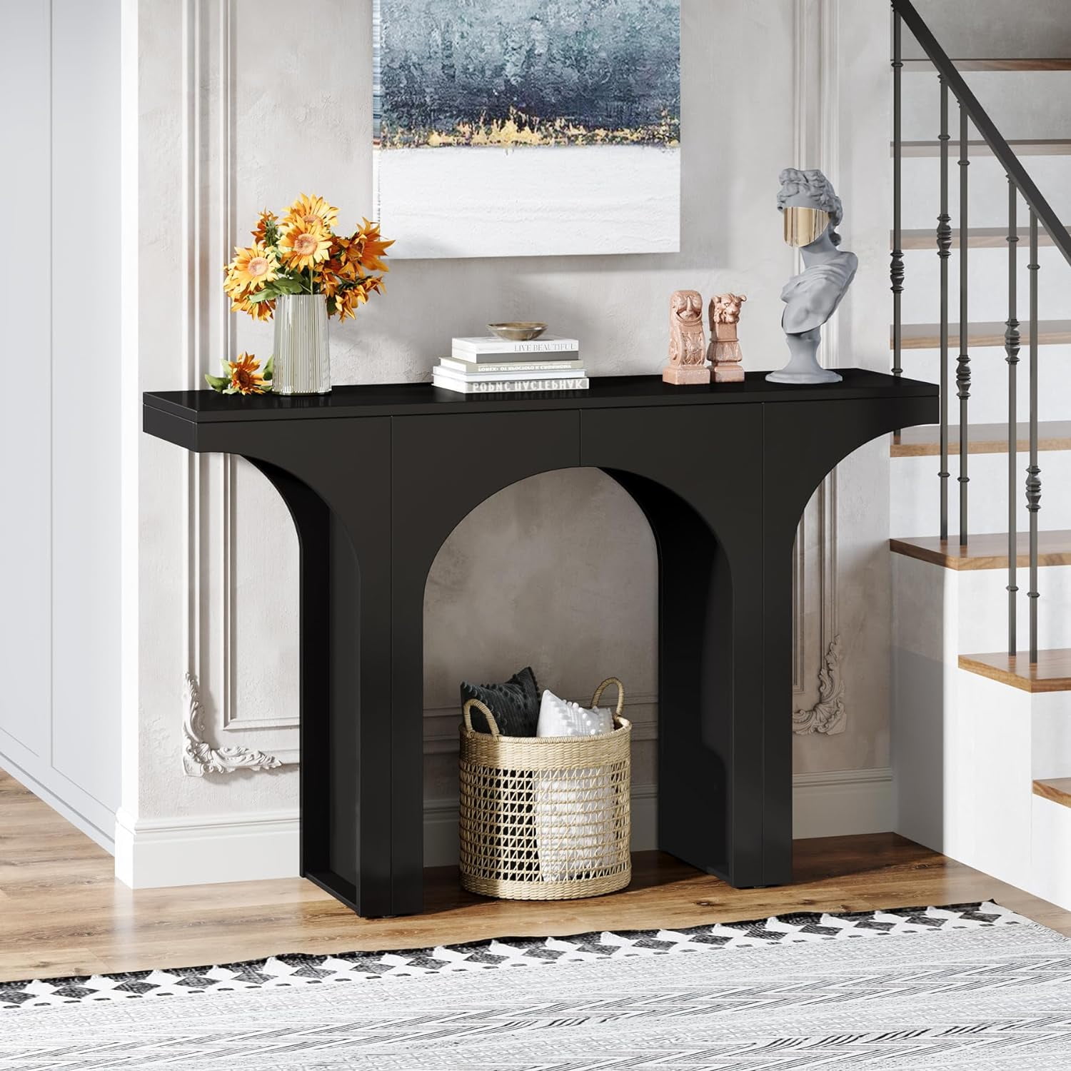 Finmind 47" Modern Hallway Console Table, Arch Base, Wood Entryway Table, Black