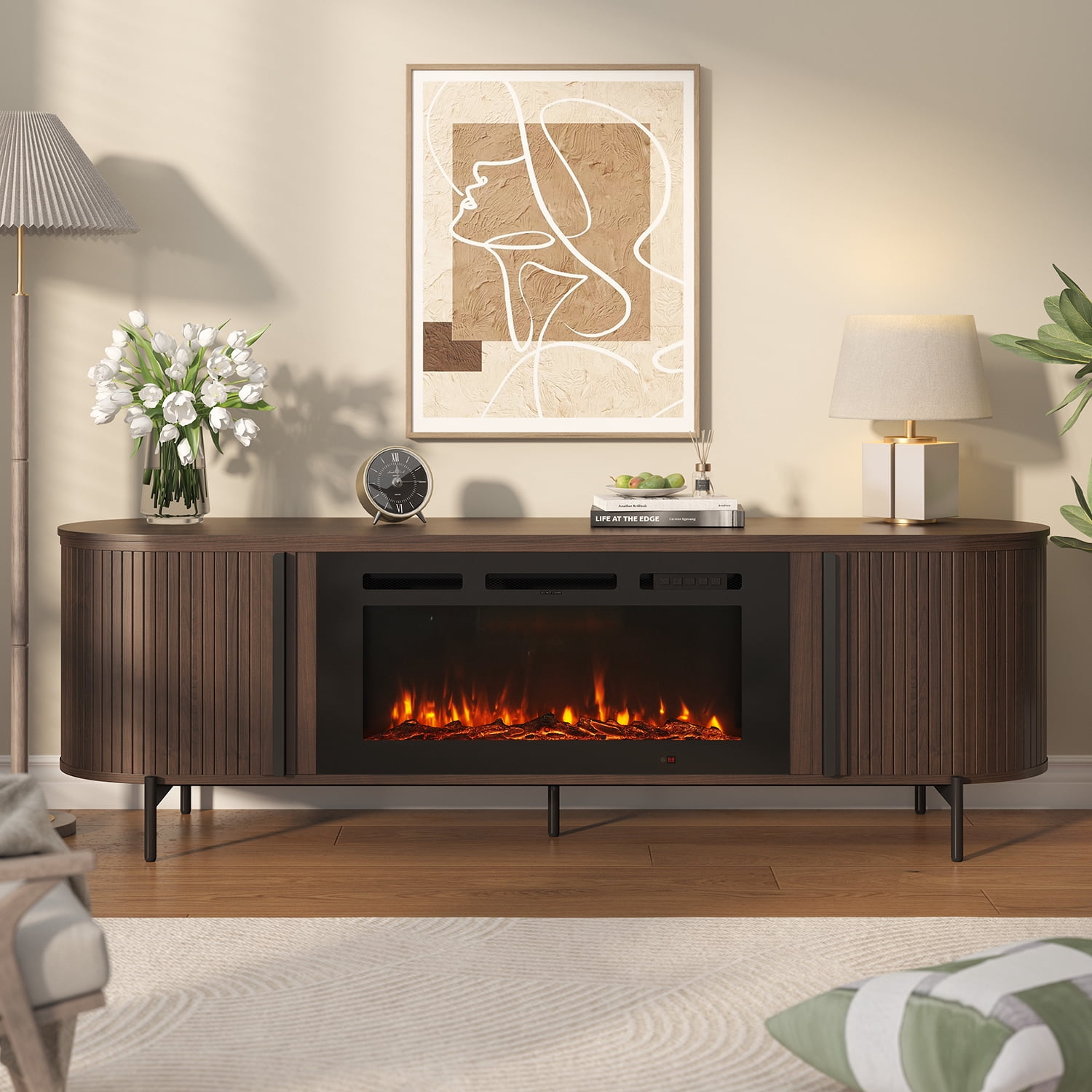 Sonegra 70" Fireplace TV Stand, Modern Entertainment Center for TVs Up to 80", TV Console Table for Living Room, Media Cabinet with Storage,70 Inch, Brown