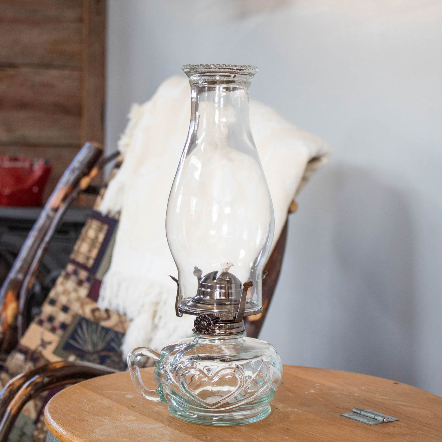 Rayo Chamber Oil Lamp, Portable with Finger Hold, Glass Font and Chimney, 12 in Tall