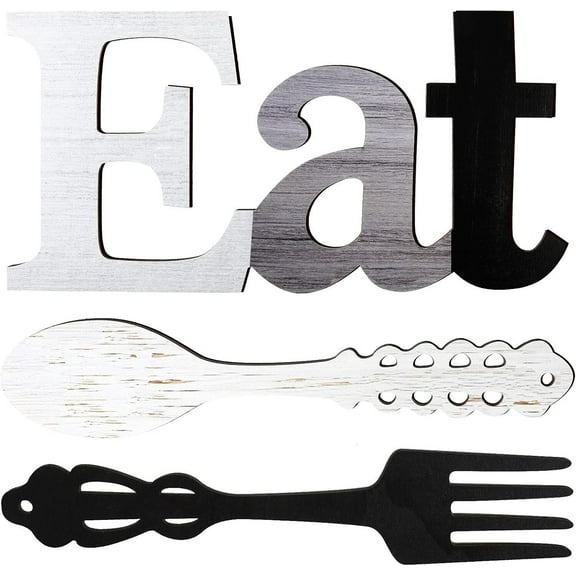 EAT Sign Set,Fork and Spoon Wall Decor,Rustic Wood Eat Decoration,Country Wall
