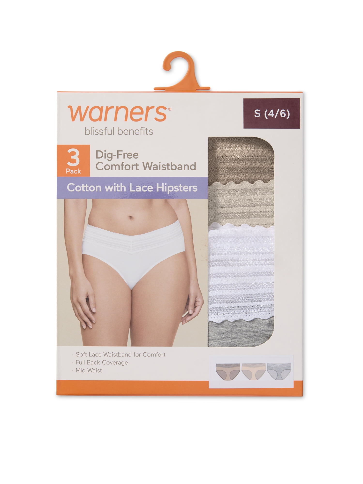 Warners® Blissful Benefits Women's Dig-Free Comfort Mid Waist Cotton Hipster with Lace 3-Pack S-3XL