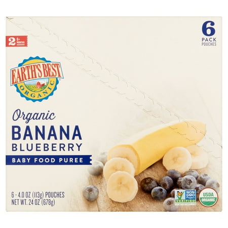 Earth's Best Puree Organic Banana & Blueberry 4oz - Stage 2 Baby Food (Pack of 6)