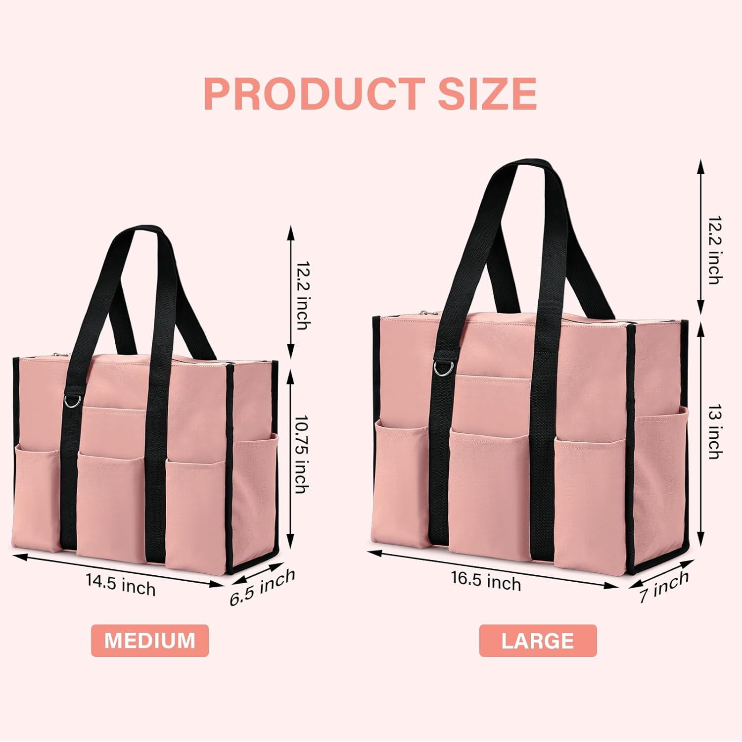 mirlewaiy Large Tote Bag for Women Waterproof with 12 Pockets Top Zipper Closure Utility Teacher Nurse Bags for Work School-Pink