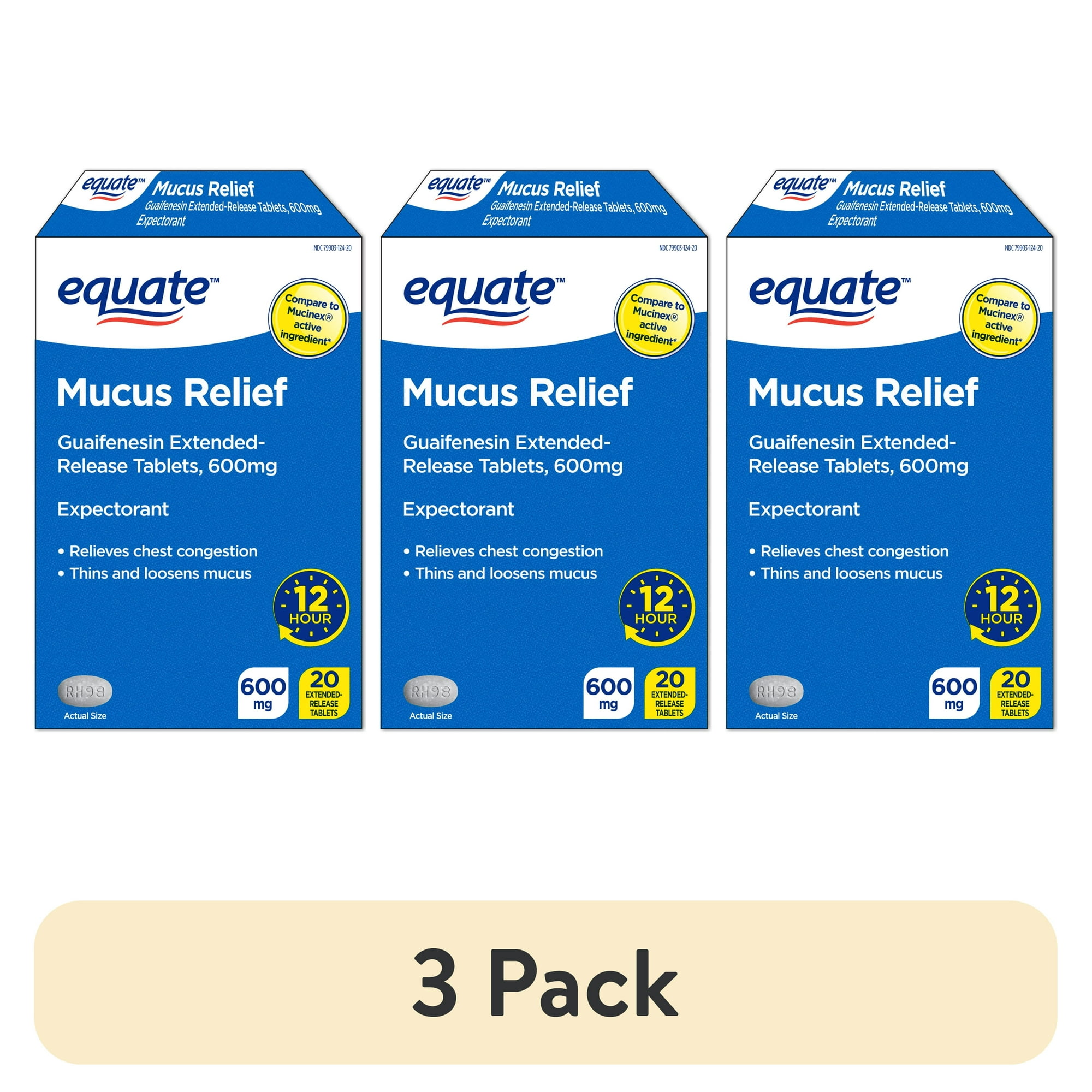 (3 pack) Equate 12 Hour Mucus ER Guaifenesin Extended-Release Tablets, 600 mg, 20 Count, Compare to Mucinex® Active Ingredient