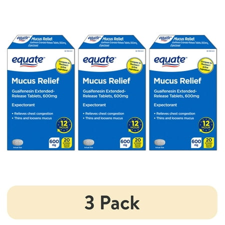 (3 pack) Equate 12 Hour Mucus ER Guaifenesin Extended-Release Tablets, 600 mg, 20 Count, Compare to Mucinex® Active Ingredient