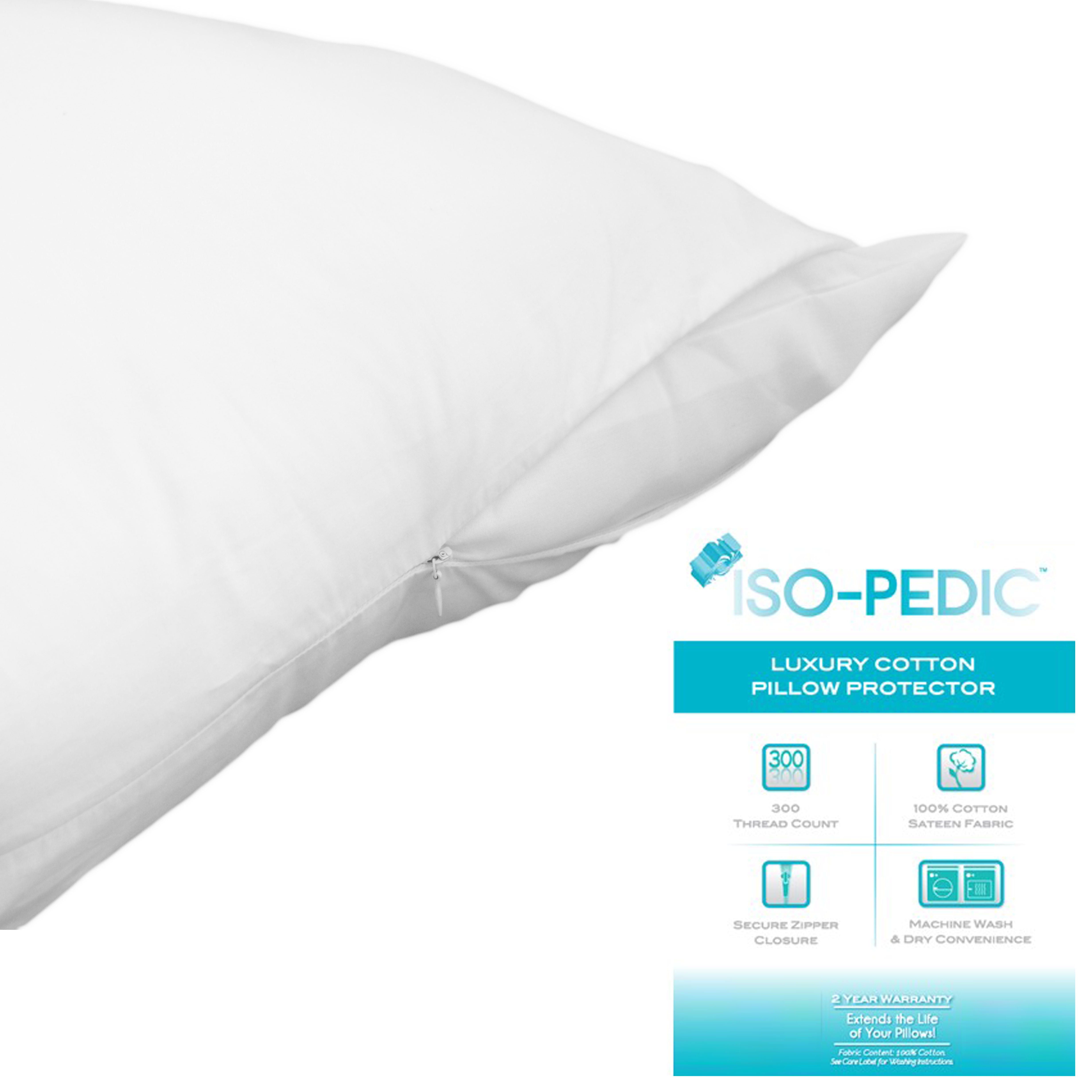 100% Cotton Sateen 2 Pc Queen 300 TC Zippered Pillow Protector Queen Size 