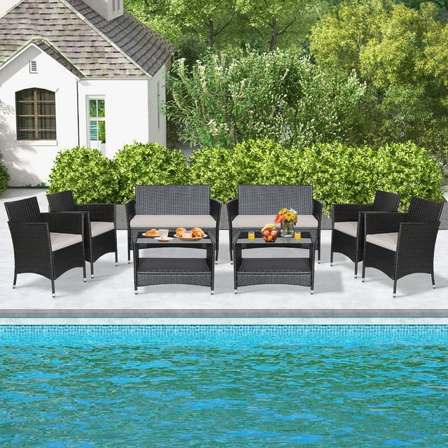 Gymax 8PCS Outdoor Sofa Set Patio Rattan Wicker Conversation Set w/ Coffee Table