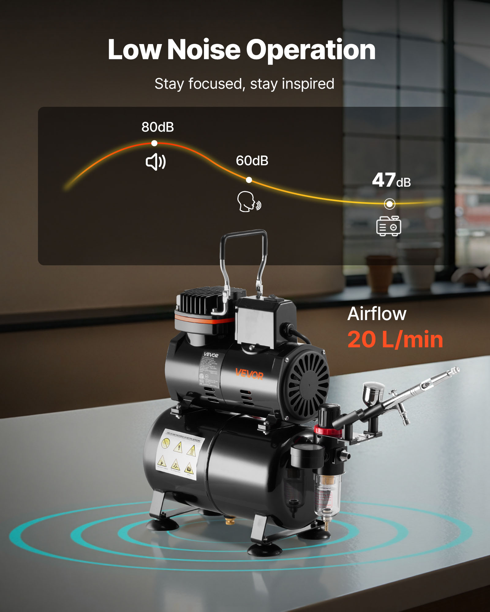 VEVOR Airbrush Kit, 1/6 HP, Air Brush Kit with Air Compressor and Tank, 1 Dual-Action Professional Airbrush with 3 Tips, Acrylic Paint, Low Noise, for Cake Decorating, Model Painting, Nail Art