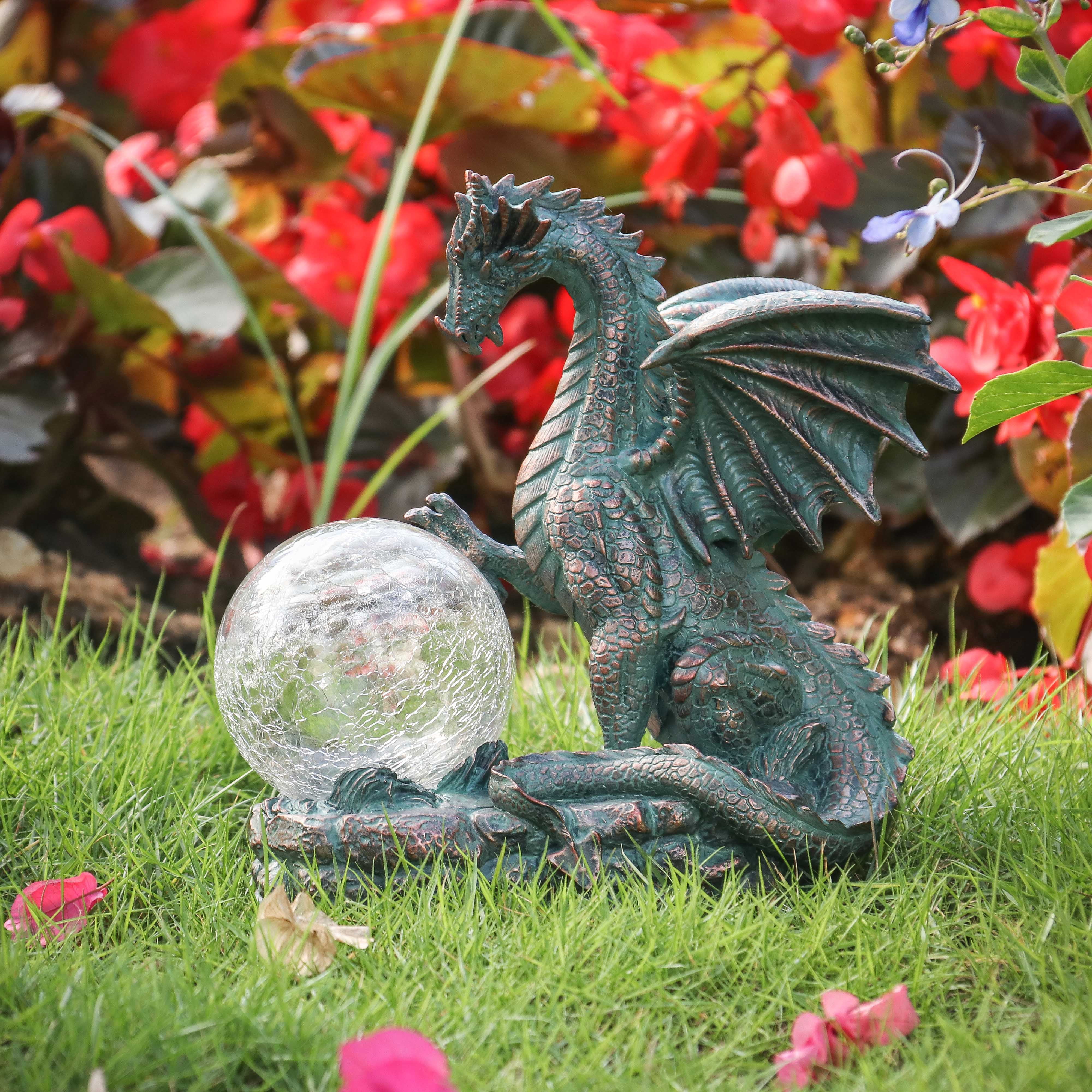 TERESA'S COLLECTIONS 8" Solar Dragon Garden Statue, Resin Gothic Sculpture & Figurine for Patio Lawn Decor