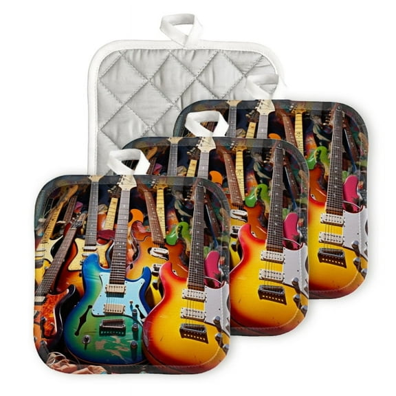 Bahomeck Pot Holder 4Pcs,Colorful Display Of Electric Guitars With Different Body Styles Square Heat Resistant Hot Pads For Kitchen Cooking Oven With Hanging Loop Potholder Easy To Store