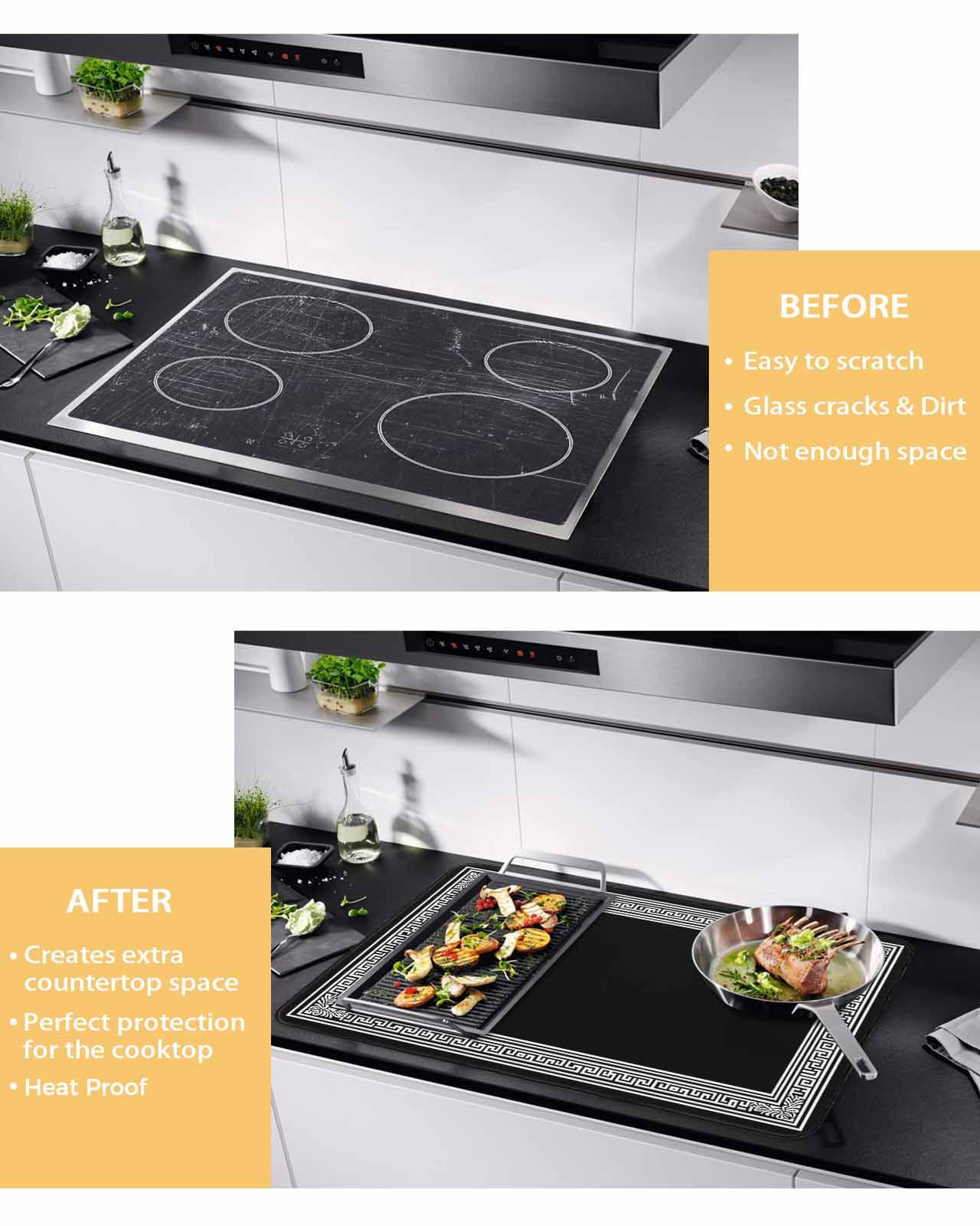 nqOlkjepod Large Induction Cooktop Protector Mat 24"x21", Black Geometric Stove Top Covers for Electric Stove, Country Farm Traditional Chinese Tile Stove Burner Cover Mats, Glass Top Stove Cover