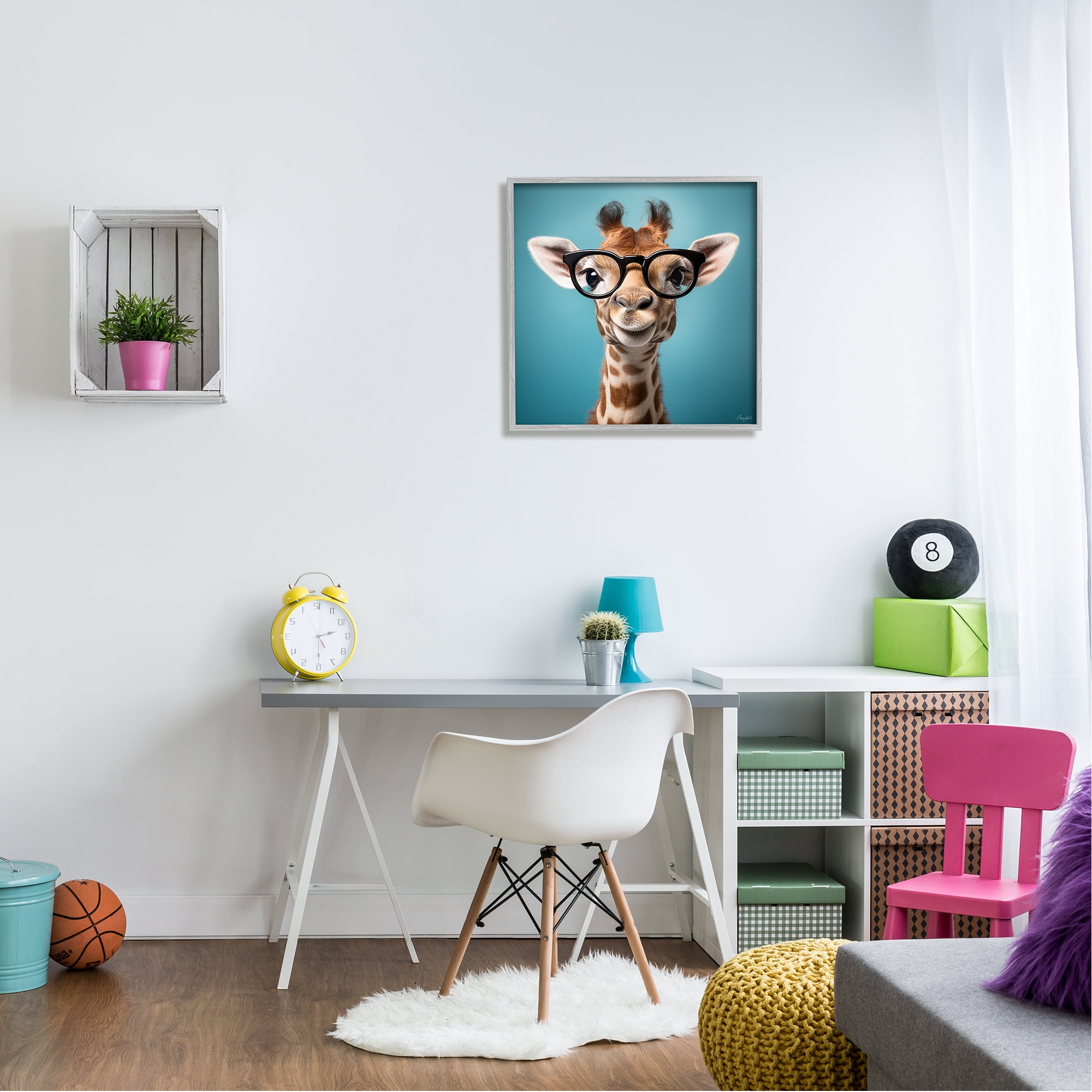 Stupell Industries Giraffe with Glasses Animals & Insects Painting Gray Framed Art Print Wall Art, 24 x 24