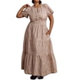 thumbnail image 1 of SUNSIOM Femmes Été Robe Longue Taille Smockée Ourlet Pincée Poches Latérales en Biais Col en V Manches Courtes Robes de Plage Fluides, 1 of 6