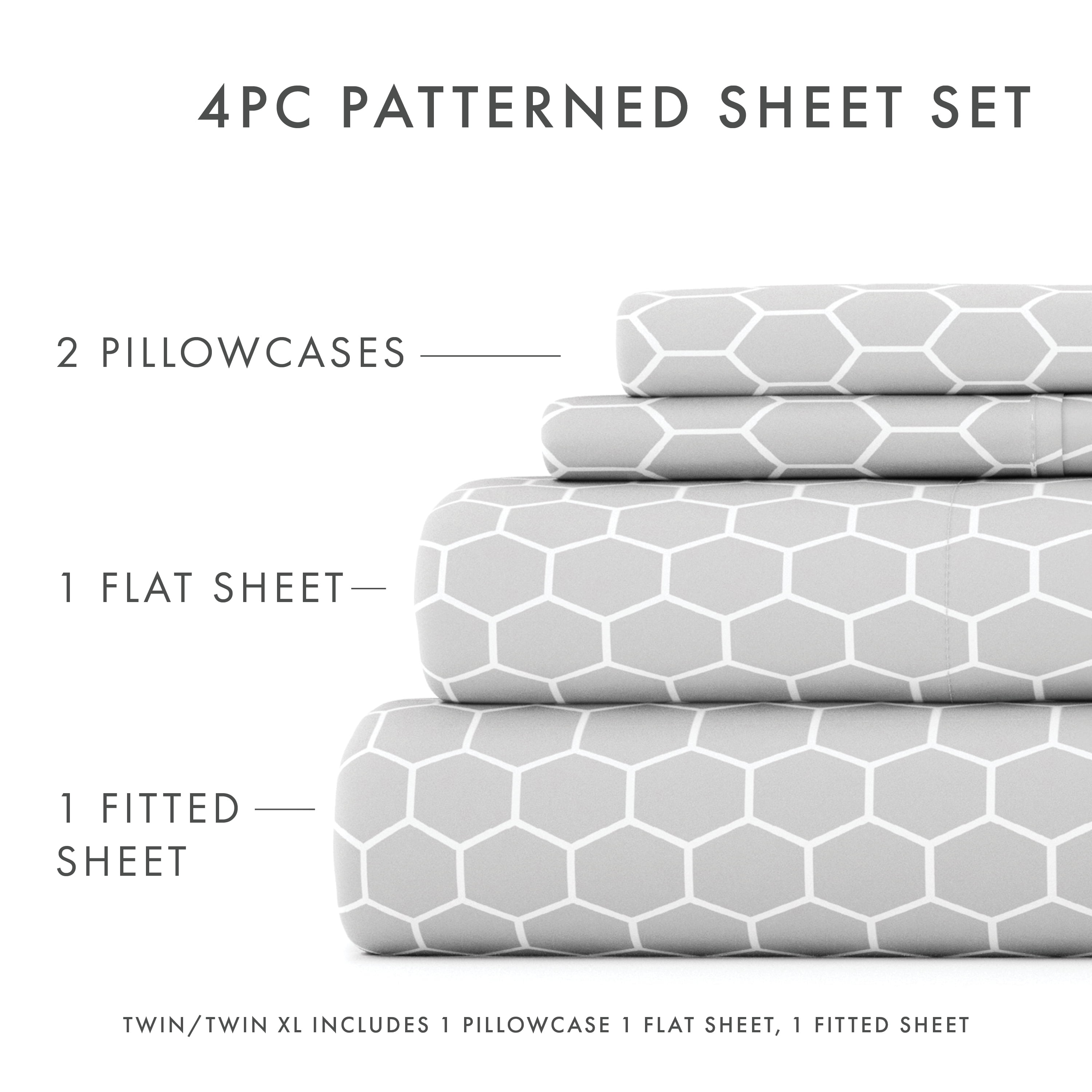 Noble Linens 4 Piece Pattern Microfiber Bed Sheets Set, Light Gray Honeycomb, Full