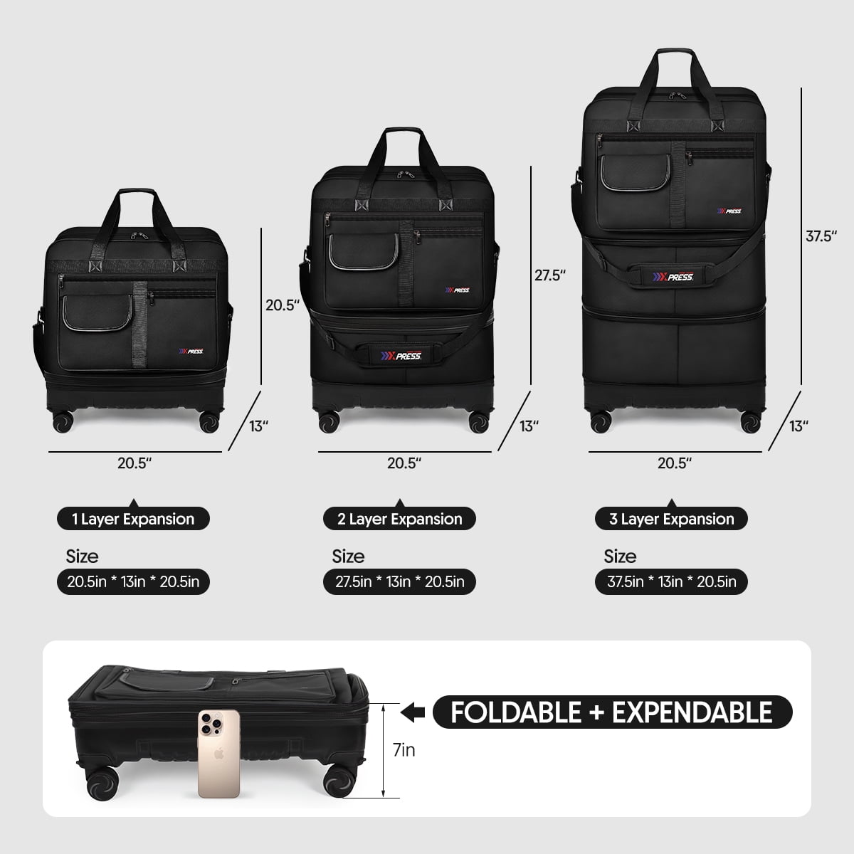 36" Expandable Foldable Suitcase Bag Large Collapsible Rolling Luggage Bag for Storage, Moving & Abroad Travel, Black, JM
