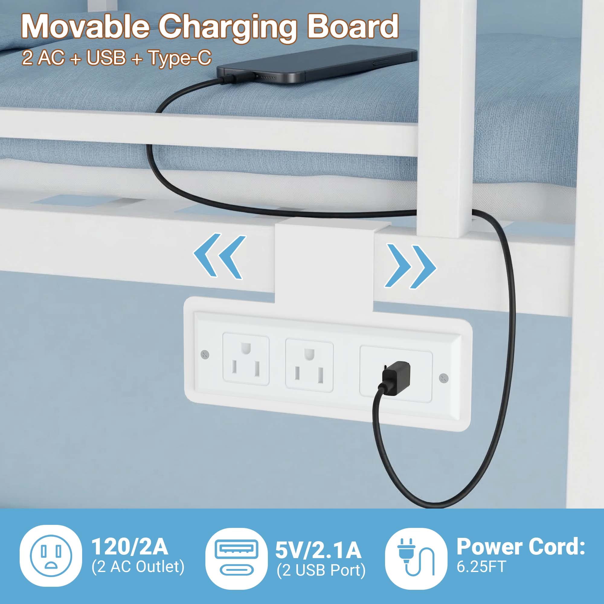 Twin Over Twin Bunk Bed with Storage Stairs, Movable Charging Station and LED Lights, White