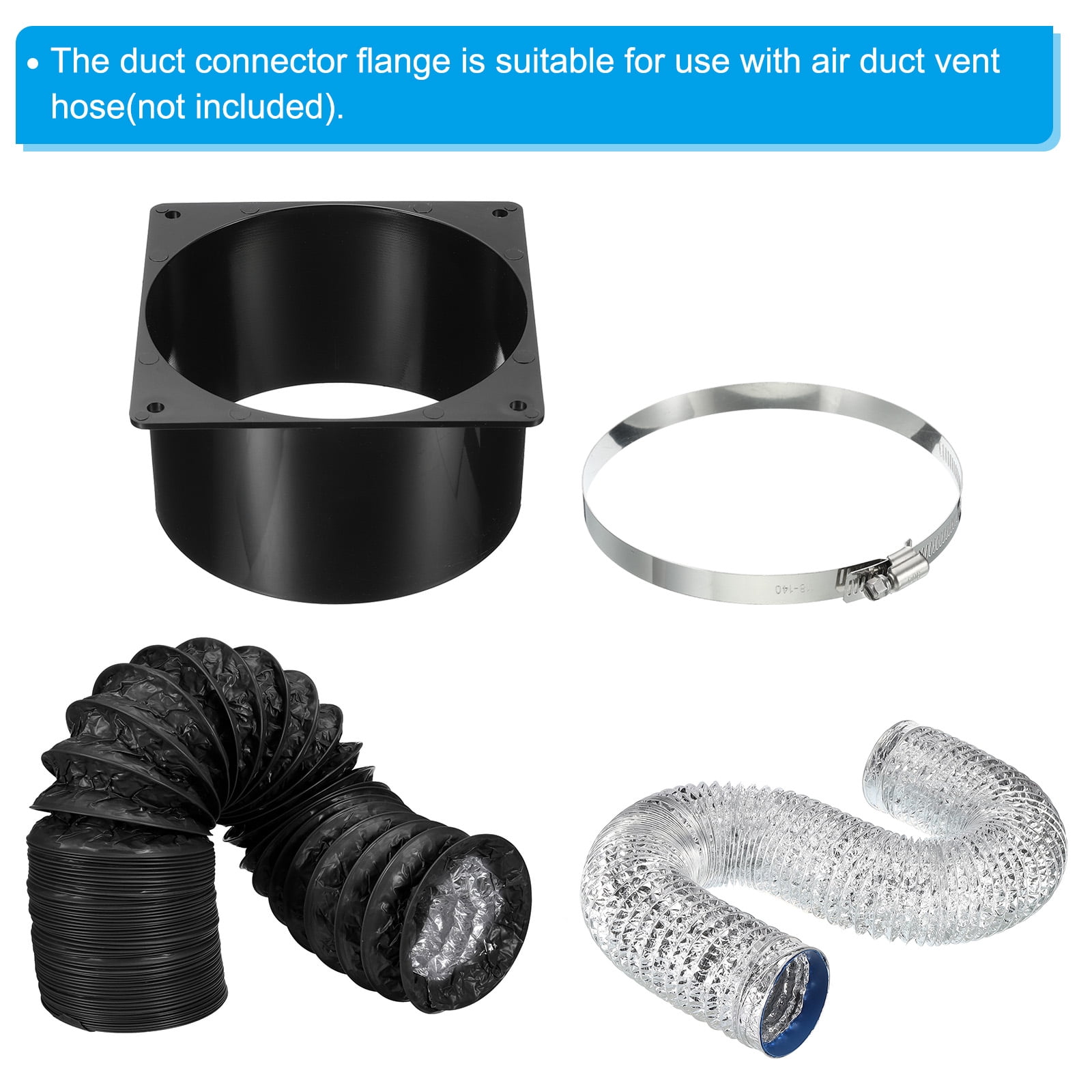 Uxcell 5" Duct Connector Flange 4 Pcs Dryer Vent Wall Plate Square to Round with Clamp for Air Cooling Ventilation Black