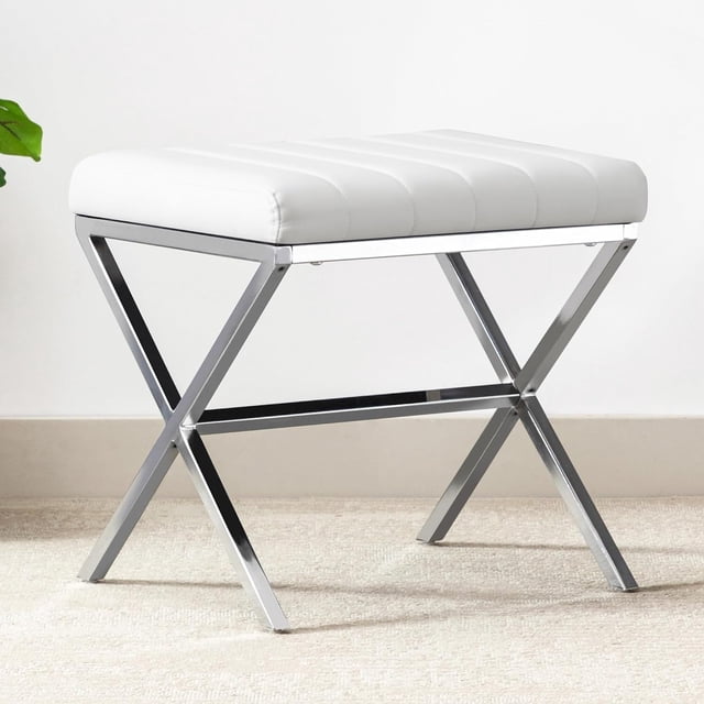 ZYKFF Vanity Stool,Modern PU Leather Ottoman Stool Chair for Vanity,Vanity Bench with Metal X Legs, Rectangle Makeup Stool Padded Foot Rest Stool for Makeup Room, Living Room, Bathroom,White