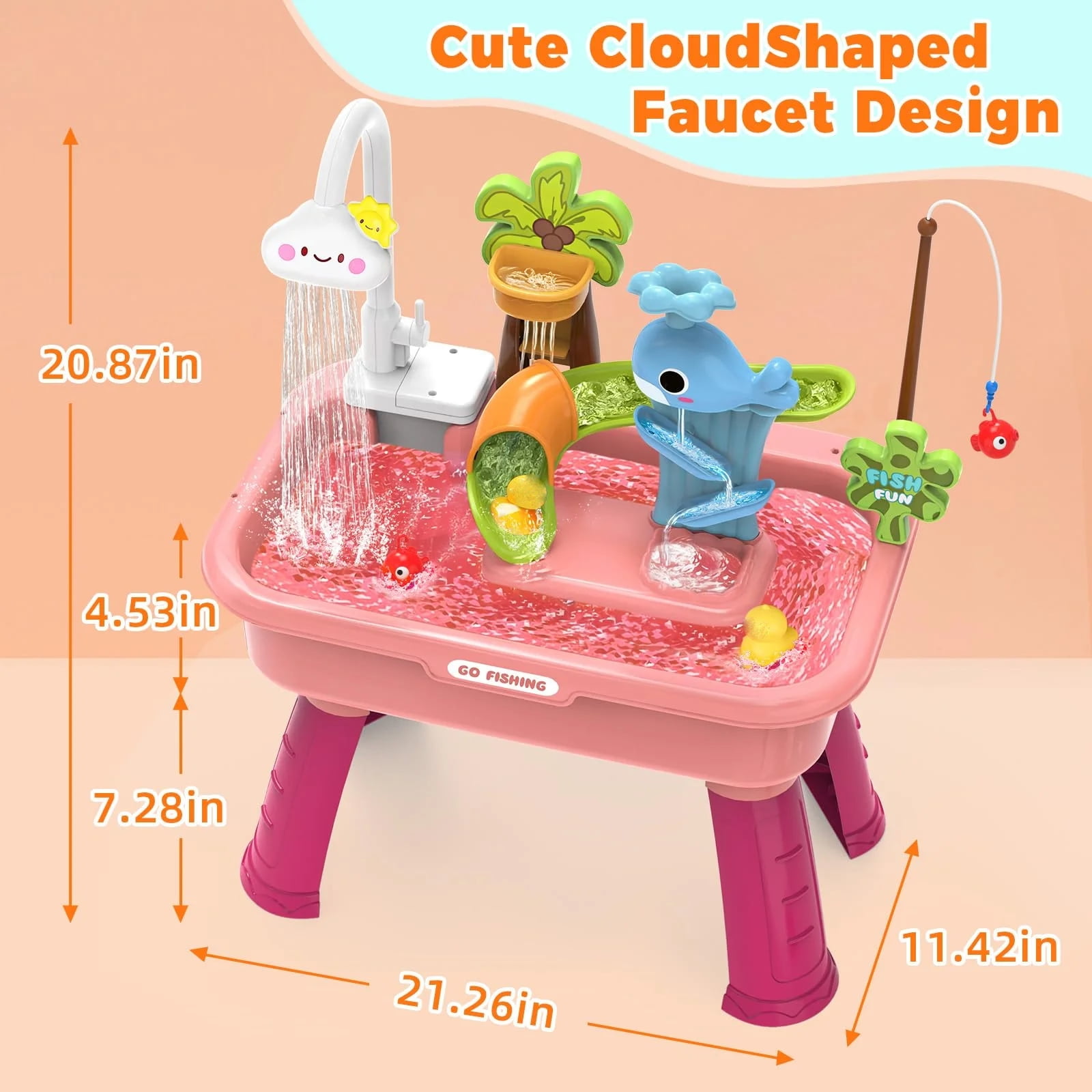 Water Play Table with Circulating Water Shower, Fishing Accessories & Interactive Play Features for Indoor Outdoor Use(21.26"L x 11.42"W x 20.87"H,Pink)