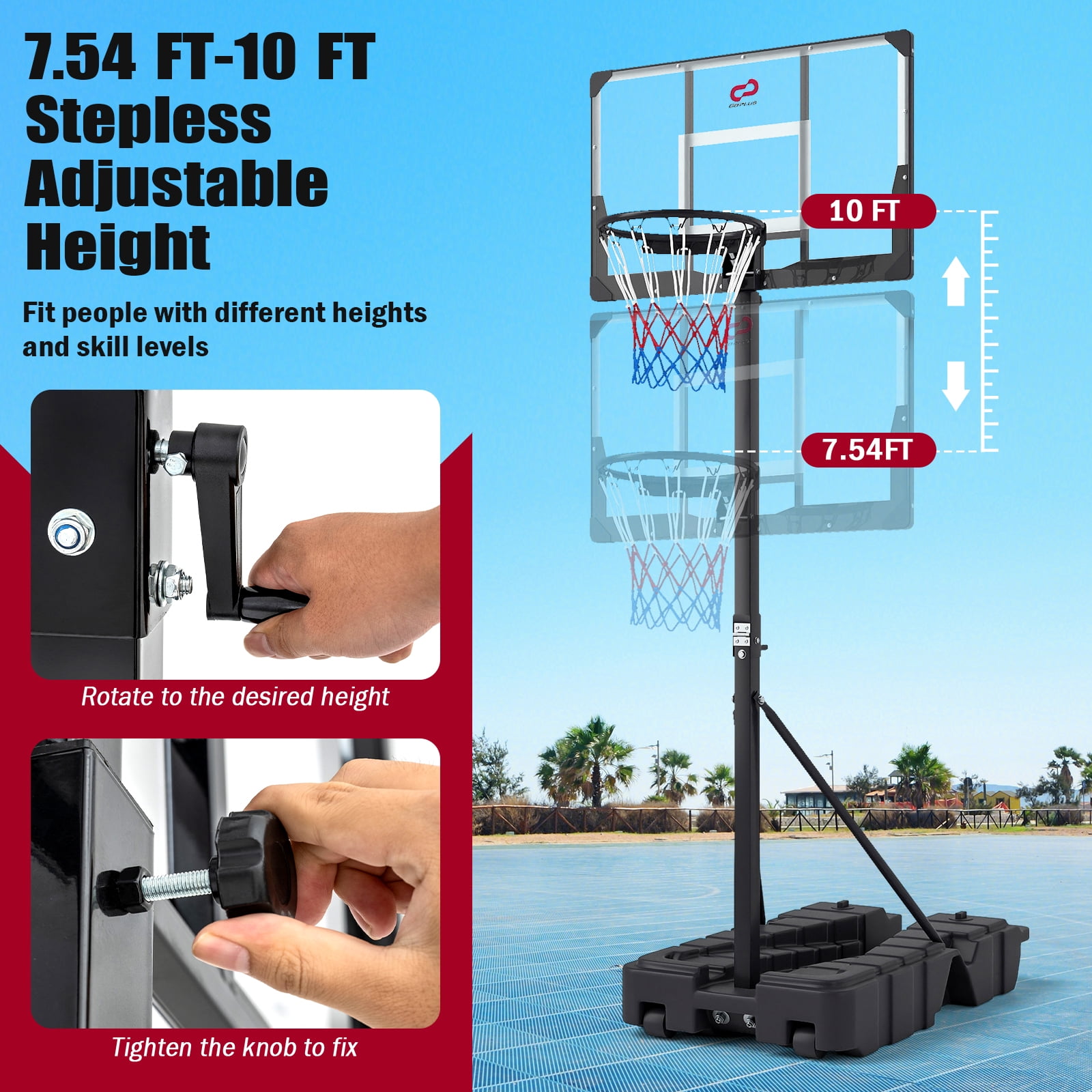 Patiojoy Foldable Basketball Hoop Stepless Adjustable Basketball Stand w/Stable Weighted Base