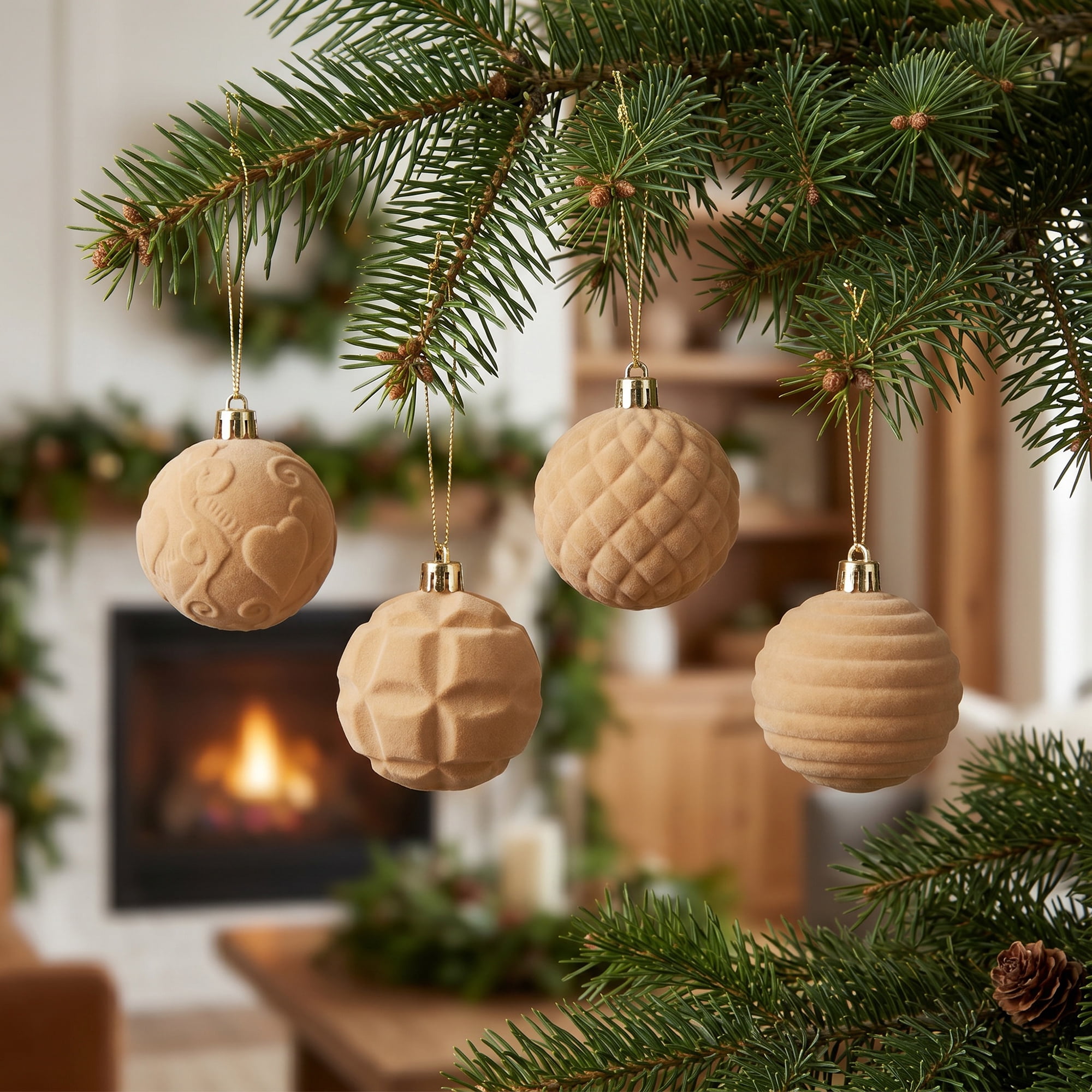 Unique Bargains Velvet Christmas 12 Pack Flocked Sphere Orbs Luxury Ornaments Khaki 2.4"