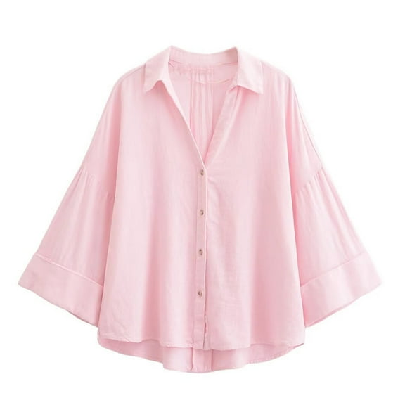 Qulqfy Women Pink Shirts Bell Sleeve Linen Button Down Shirts Summer Collared Solid Spring Work Tops for Women L