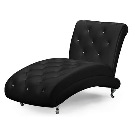 Baxton Studio Pease Contemporary Black Faux Leather Upholstered Crystal Button Tufted Chaise 