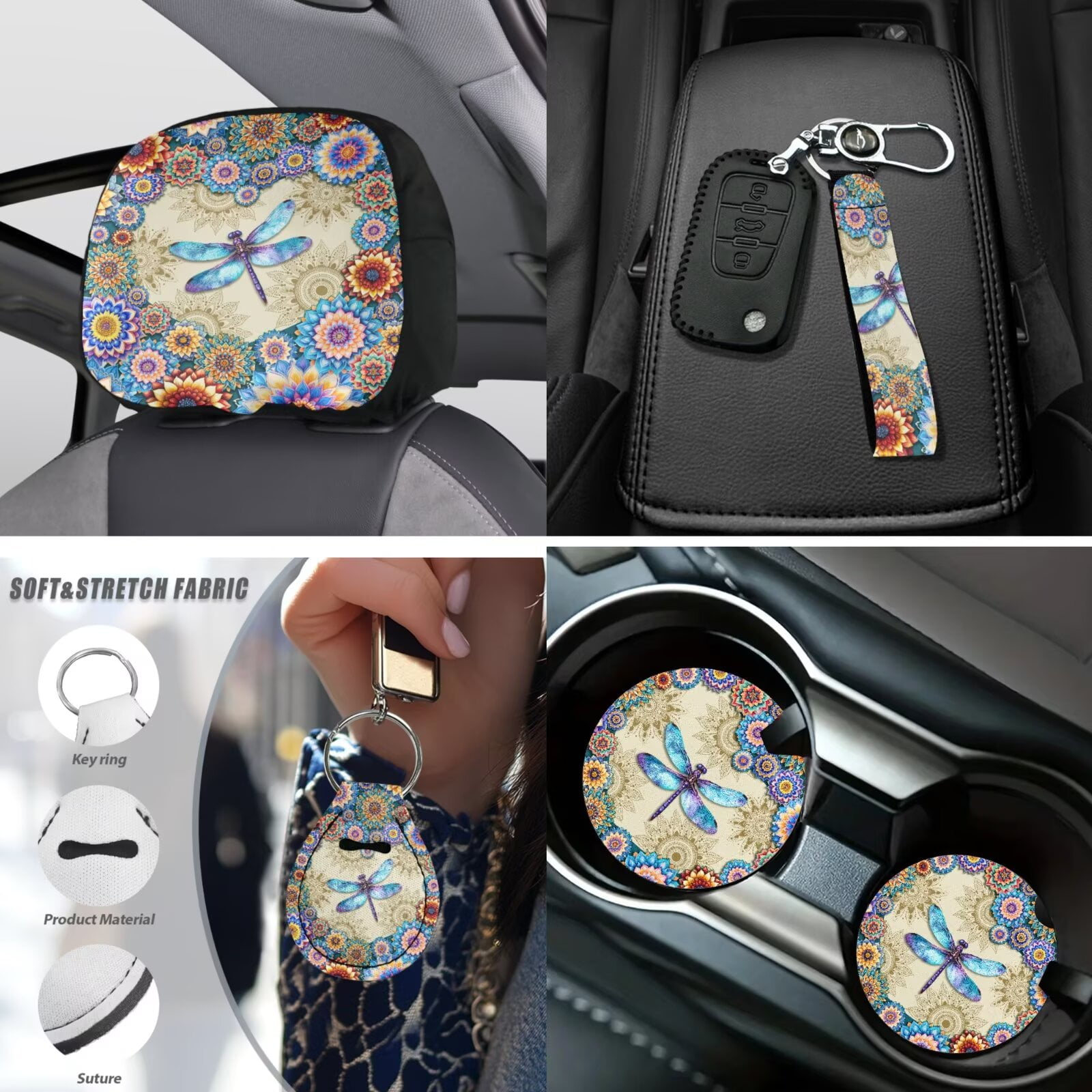 Uorisanigo 18 Pcs Car Seat Cover Dragonfly Mandala with Seat Belt Shoulder Pad Full Set Universal Steering Cover Armrest Covers Headrest Cushion Handbrake Grip Protector Coasters Keychains