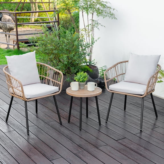 Nuu Garden 3-Piece Patio Bistro Set, Slatted Metal Side Table and Wicker Chairs Set of 2 with Cushions, PE Wicker Outdoor Furniture Set, Patio Conversation Set, Beige