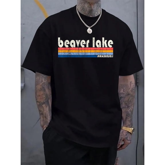 Cotton Vintage 70s 80s Style Beaver Lake AR T-Shirt Men's Casual Short Sleeve Graphic Tee