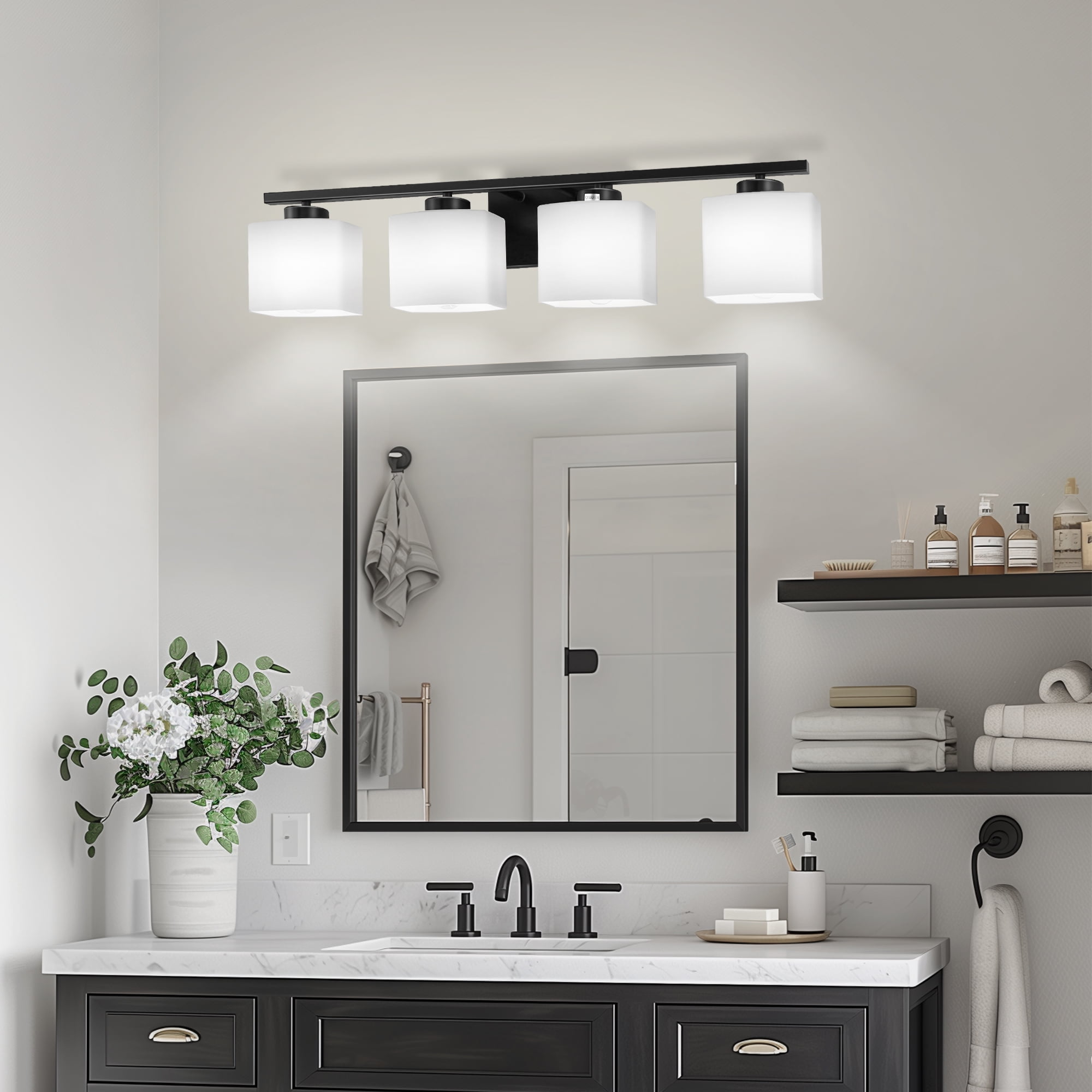 YANSUN 31 in. 4 Light Matte Black Vanity Light for Bathroom Bedroom Hallway with White Glass Shades