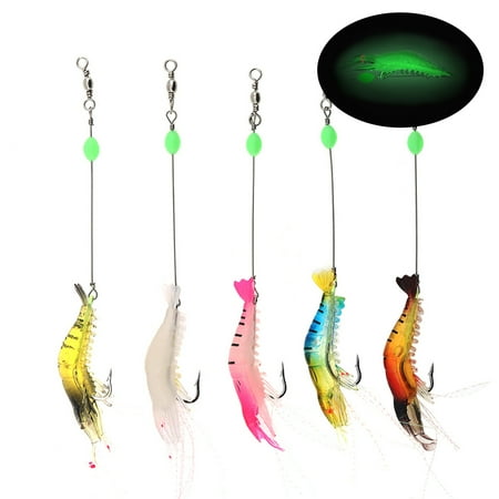 5pcs Luminous Shrimp Lures Soft Baits 5 Colors Mixed Artificial Baits with Fishing Hooks and Beads