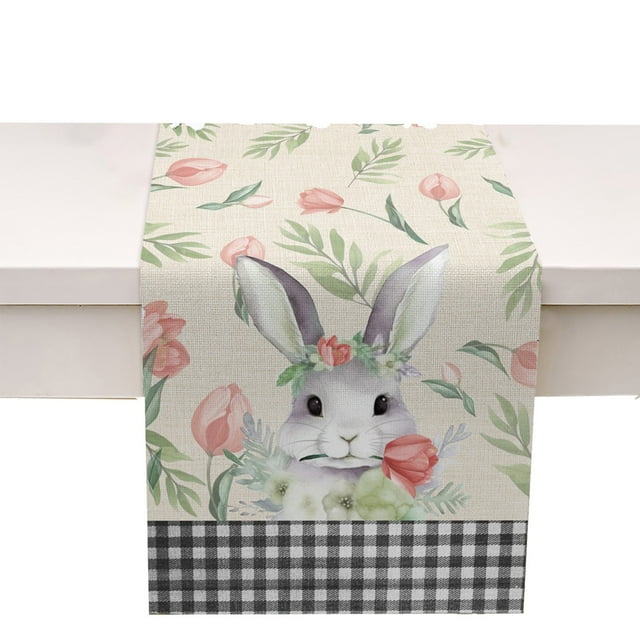 Binwennn round Table Baby Girl Shower Decorations Coffee Table Runners 60 Inches Long Easter Bunny Egg Pattern Linen Print Kitchen Dining Room Insulated Decorative Placemat(D)