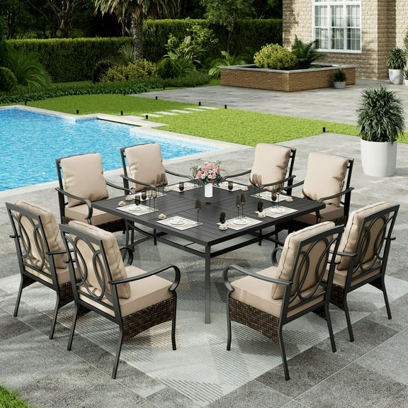 Sophia & William 9Pcs Outdoor Patio Dining Set Metal Cushioned Chairs and 60" Square Table Furniture Set for 8,Beige