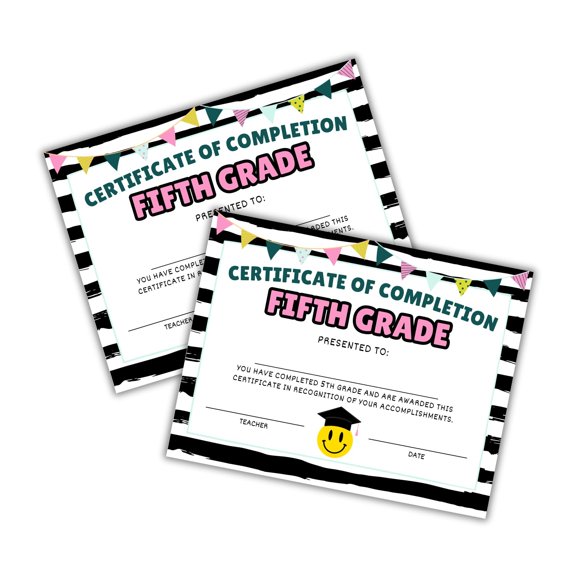Fifth 5th Grade Certificate of Completion Graduation Diploma 30pk 8.5x11 Smiley Face Daisy 90s Seed Bracelet Checkered Neutral Award Theme Trendy